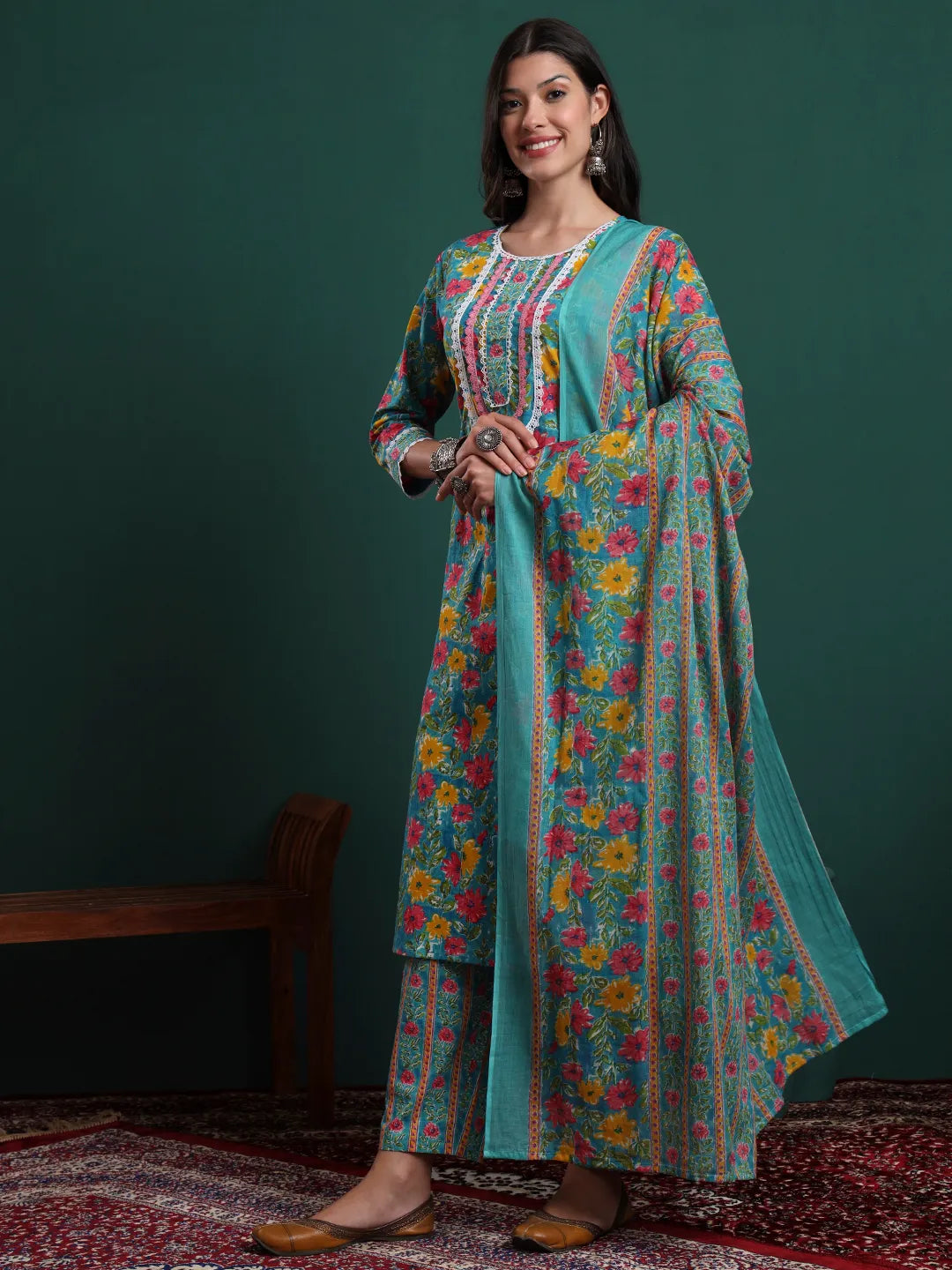 Turquoise Blue Cotton Floral Print Lace Work Kurta Pants Dupatta Set