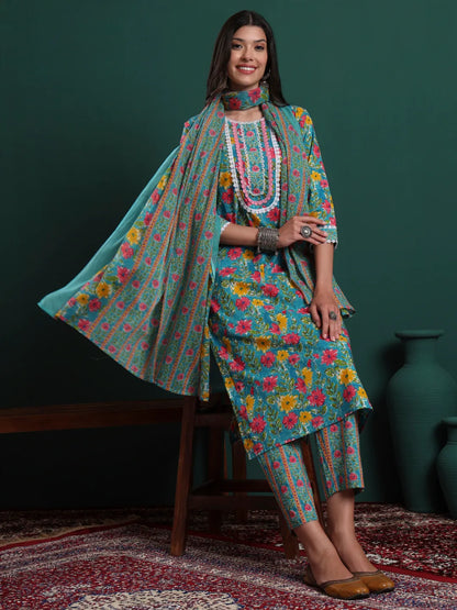 Turquoise Blue Cotton Floral Print Lace Work Kurta Pants Dupatta Set