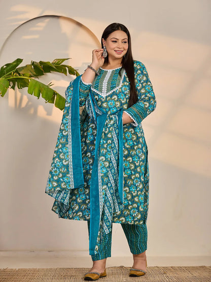 Turquoise Blue Cotton Straight Plus Size Kurta Trouser Dupatta Set