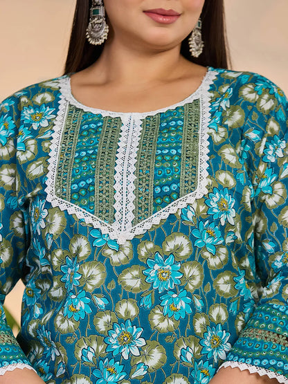 Turquoise Blue Cotton Straight Plus Size Kurta Trouser Dupatta Set