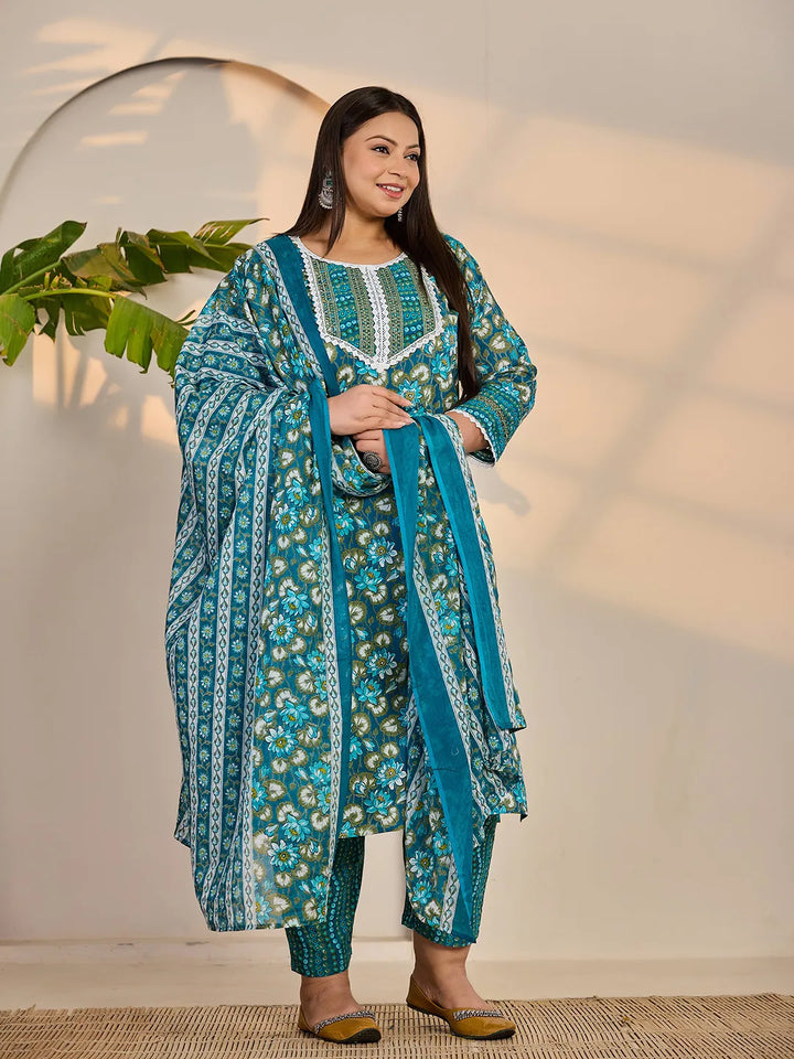 Turquoise Blue Cotton Straight Plus Size Kurta Trouser Dupatta Set