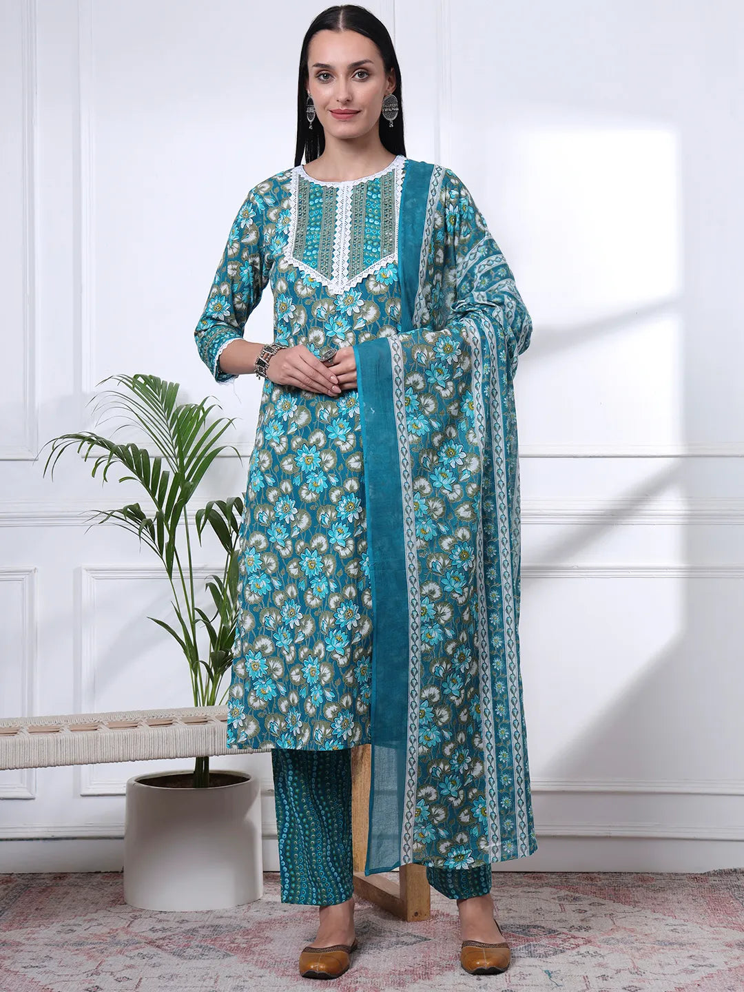 Turquoise Blue Floral Lace Work Cotton Straight Kurta Trouser Dupatta Set