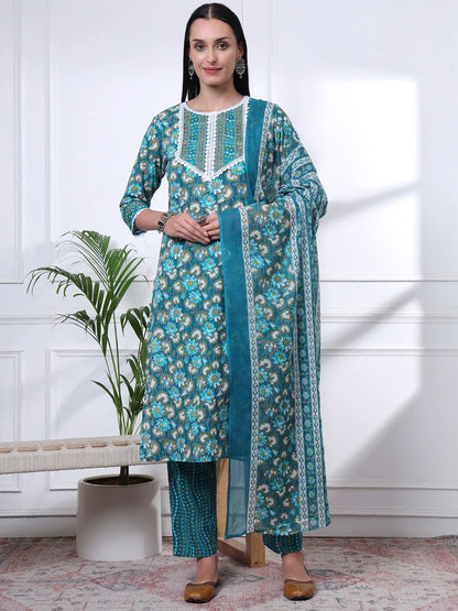 Turquoise Blue Floral Lace Work Cotton Straight Kurta Trouser Dupatta Set