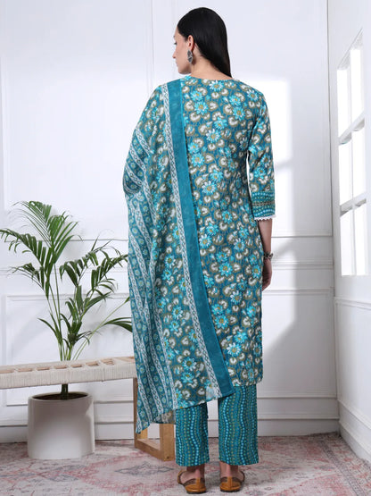 Turquoise Blue Floral Lace Work Cotton Straight Kurta Trouser Dupatta Set