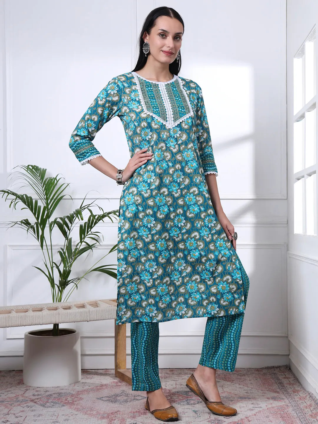 Turquoise Blue Floral Lace Work Cotton Straight Kurta Trouser Dupatta Set