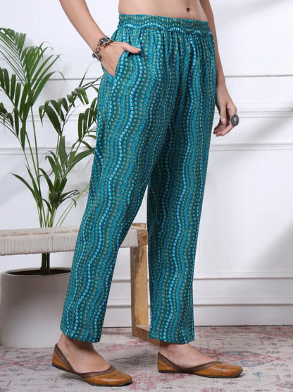 Turquoise Blue Floral Lace Work Cotton Straight Kurta Trouser Dupatta Set