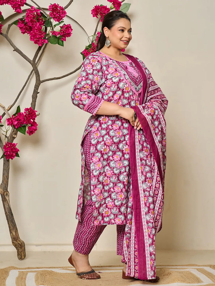 Burgundy And Grey Cotton Floral Print Lace Work Plus Size Kurta Pants Dupatta Set