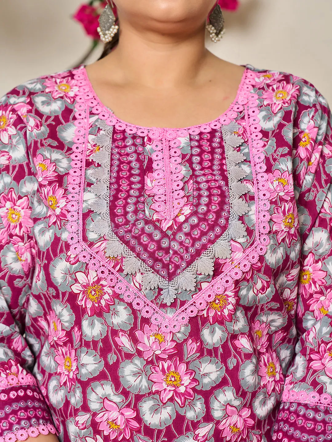 Burgundy And Grey Cotton Floral Print Lace Work Plus Size Kurta Pants Dupatta Set
