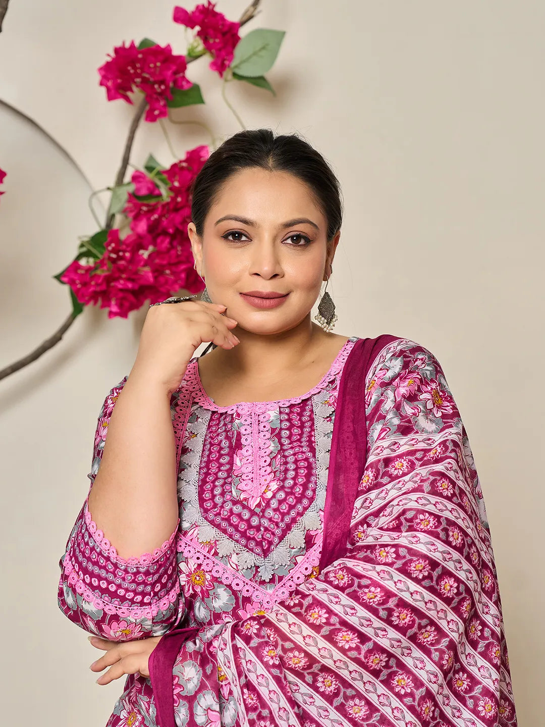 Burgundy And Grey Cotton Floral Print Lace Work Plus Size Kurta Pants Dupatta Set
