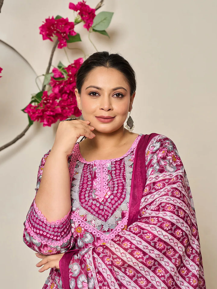 Burgundy And Grey Cotton Floral Print Lace Work Plus Size Kurta Pants Dupatta Set