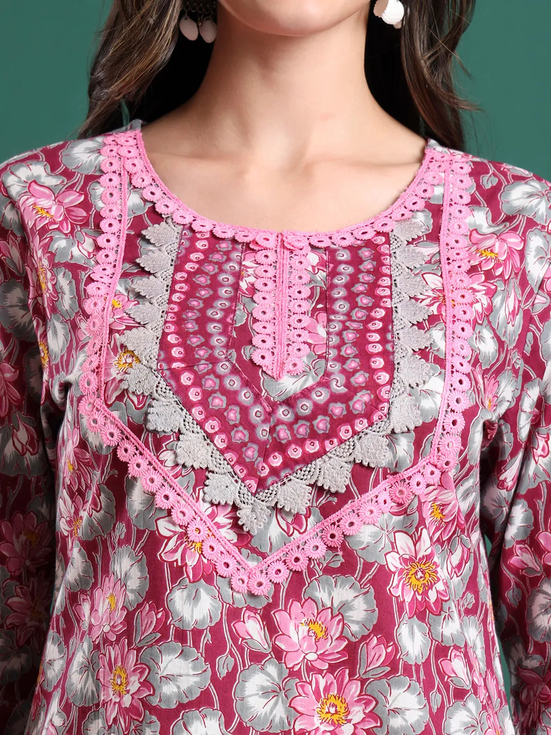 Burgundy And Grey Cotton Floral Print Lace Work Kurta Pants Dupatta Set