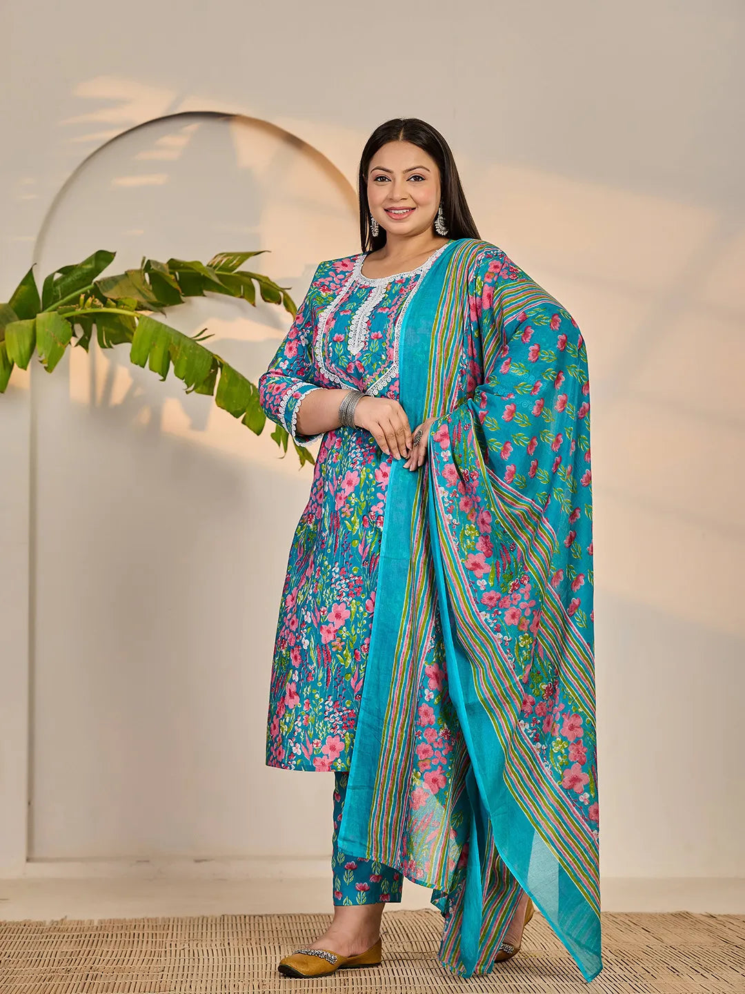 Turquoise Blue Cotton Lace Work Straight Plus Size Kurta Trouser Dupatta Set
