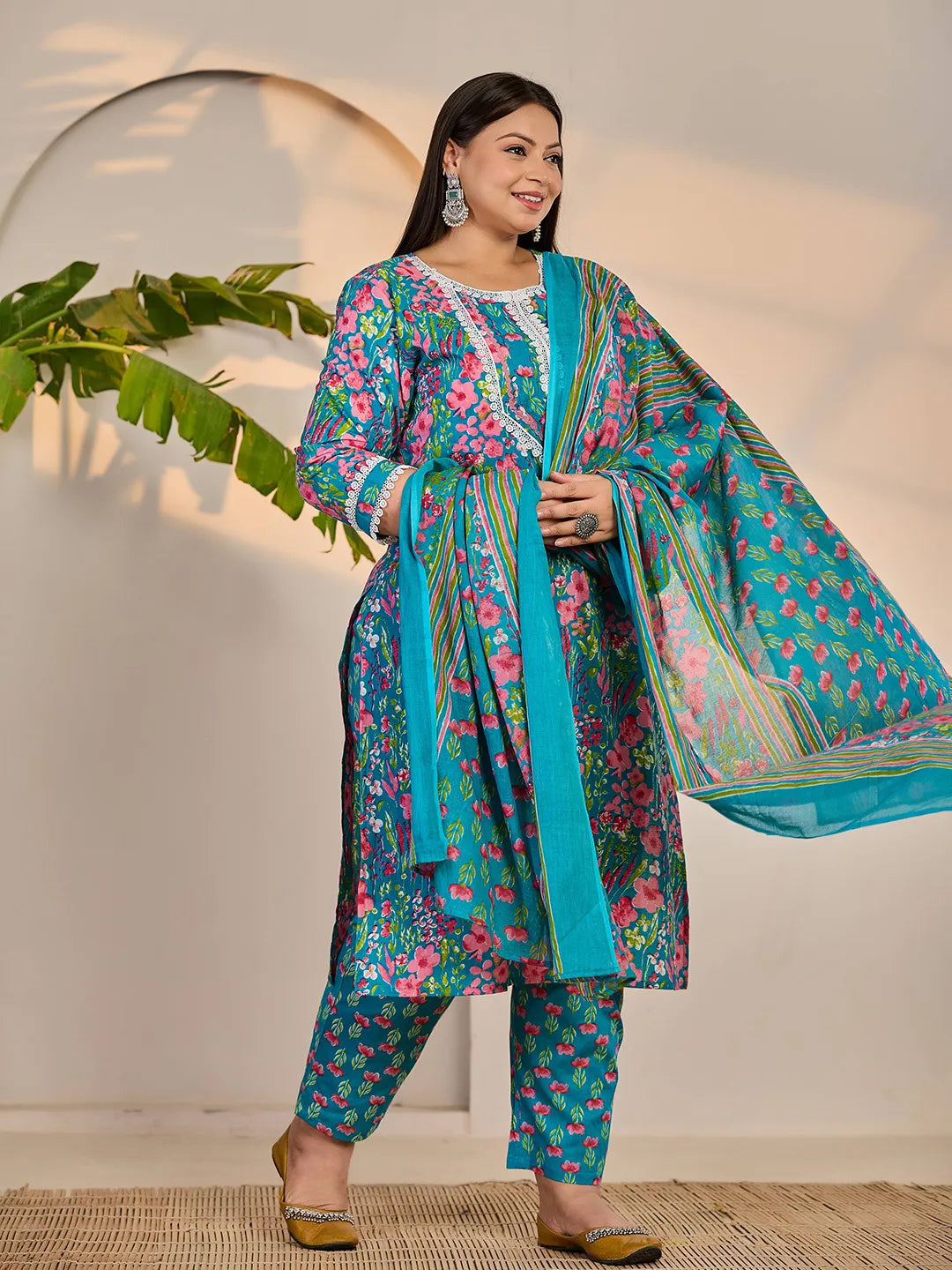 Turquoise Blue Cotton Lace Work Straight Plus Size Kurta Trouser Dupatta Set