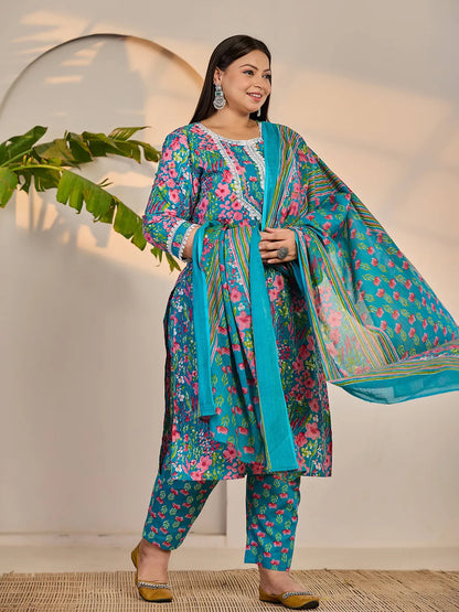 Turquoise Blue Cotton Lace Work Straight Plus Size Kurta Trouser Dupatta Set