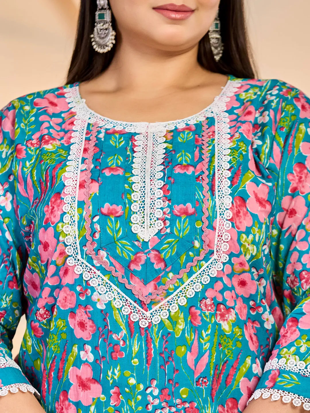 Turquoise Blue Cotton Lace Work Straight Plus Size Kurta Trouser Dupatta Set