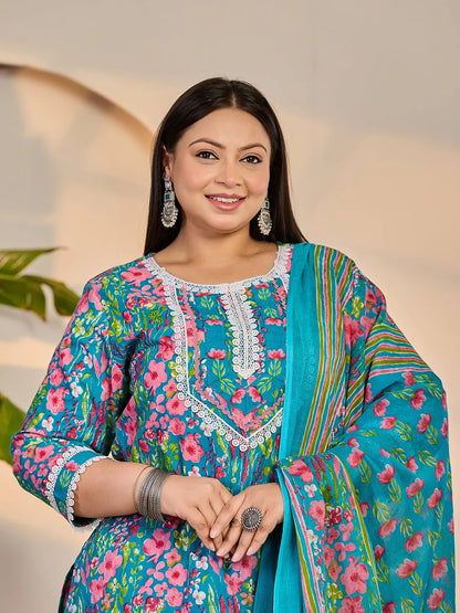 Turquoise Blue Cotton Lace Work Straight Plus Size Kurta Trouser Dupatta Set