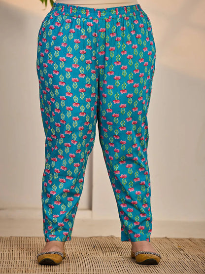 Turquoise Blue Cotton Lace Work Straight Plus Size Kurta Trouser Dupatta Set