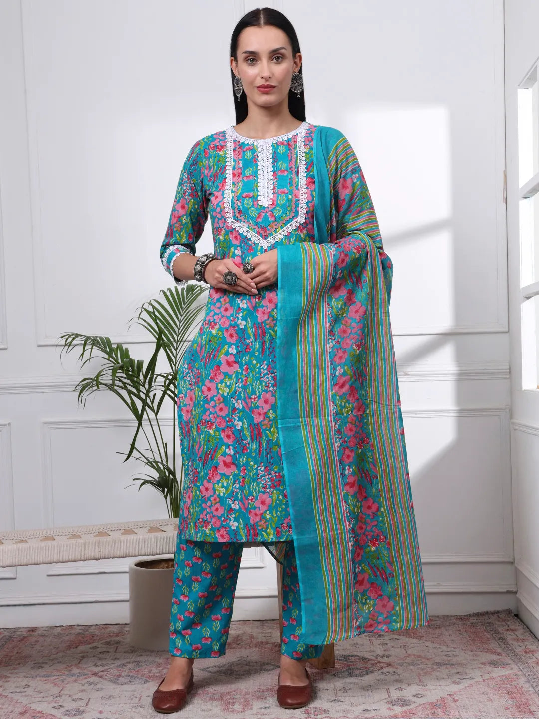 Turquoise Blue Patch Work Lace Work Cotton Straight Kurta Trouser Dupatta Set