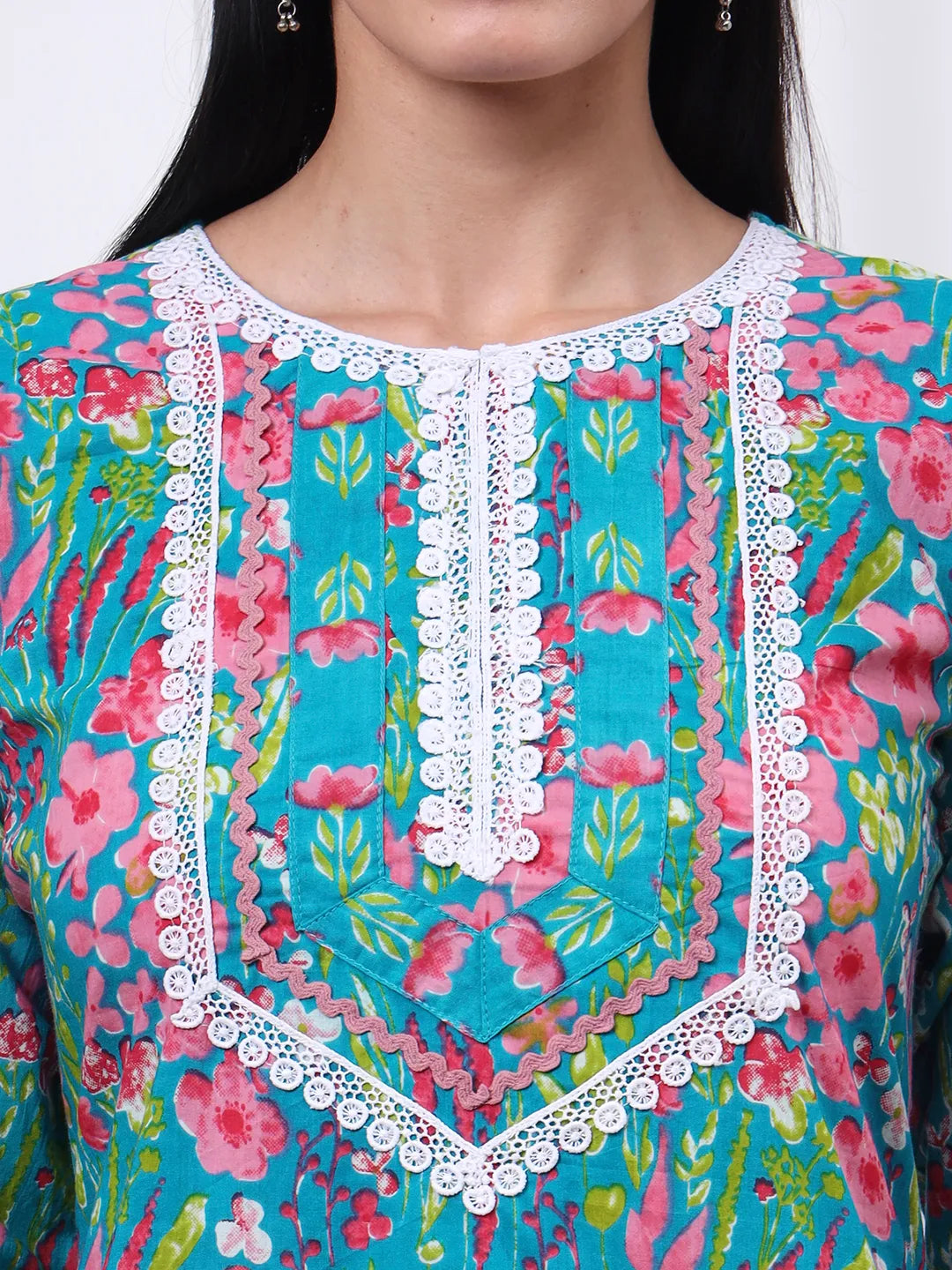 Turquoise Blue Patch Work Lace Work Cotton Straight Kurta Trouser Dupatta Set