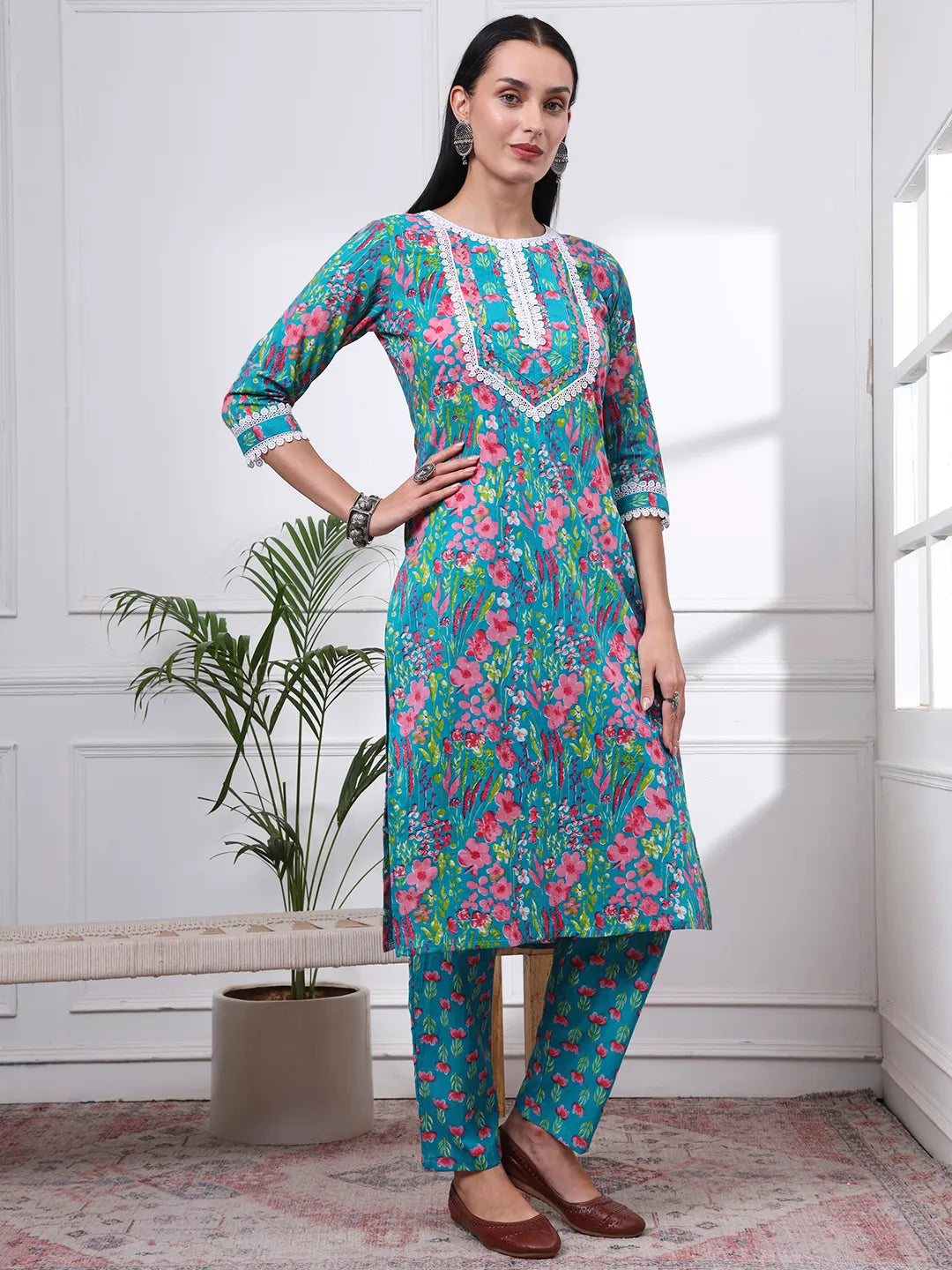Turquoise Blue Patch Work Lace Work Cotton Straight Kurta Trouser Dupatta Set