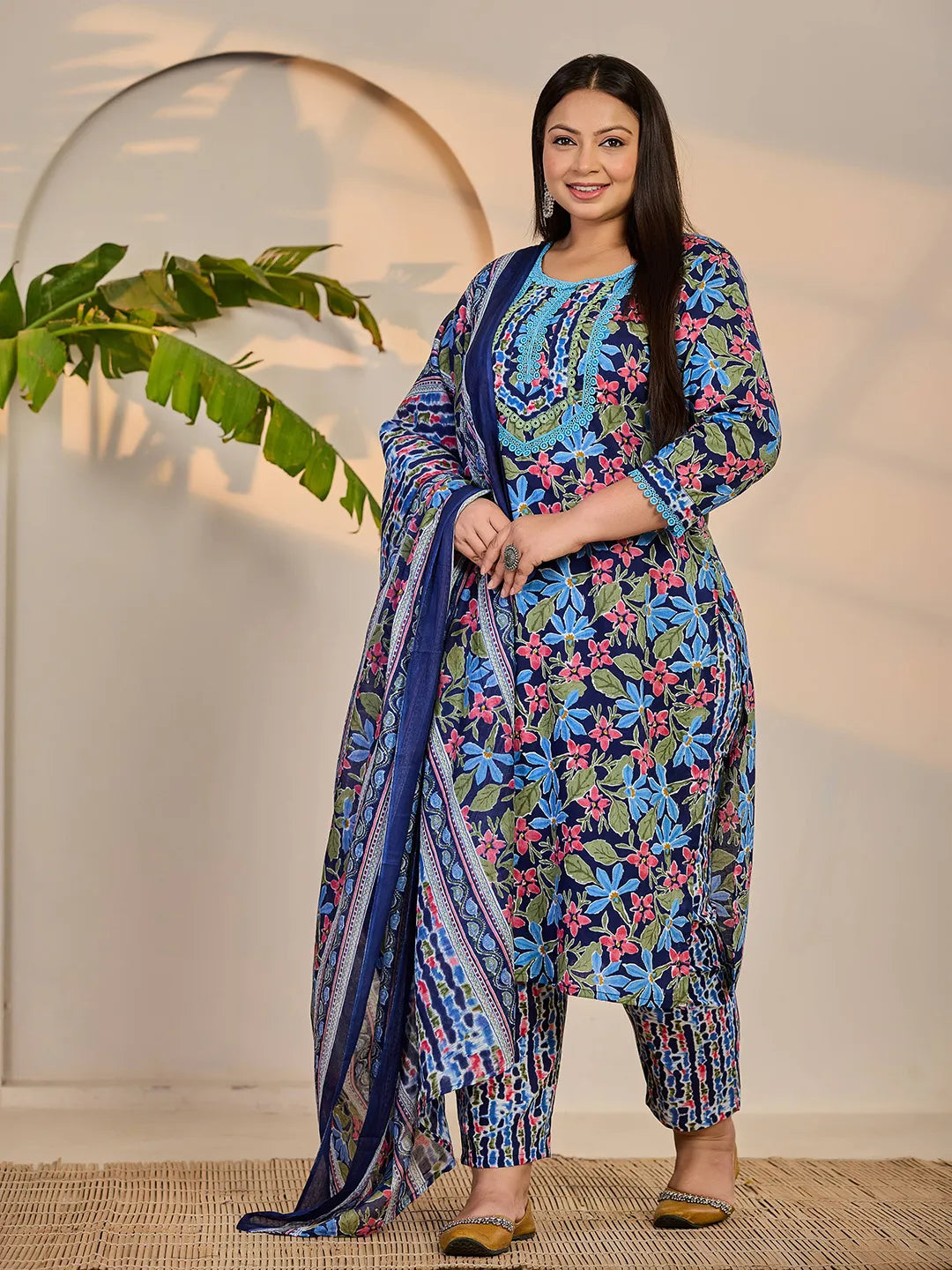 Blue Cotton Lace Work Straight Plus Size Kurta Trouser Dupatta Set