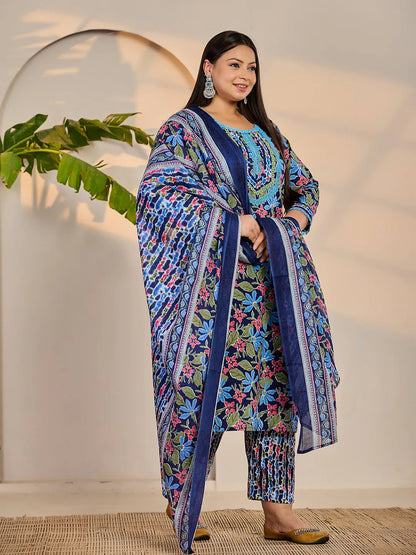 Blue Cotton Lace Work Straight Plus Size Kurta Trouser Dupatta Set