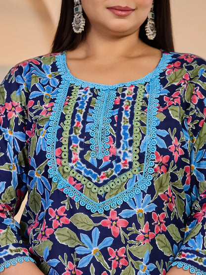 Blue Cotton Lace Work Straight Plus Size Kurta Trouser Dupatta Set