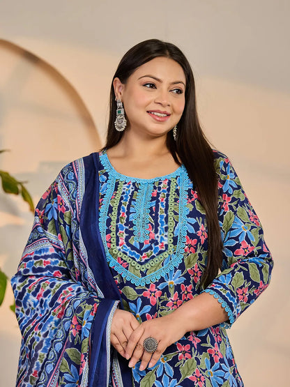 Blue Cotton Lace Work Straight Plus Size Kurta Trouser Dupatta Set