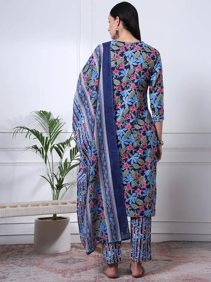 Indigo Blue Lace Work Cotton Straight Kurta Trouser Dupatta Set