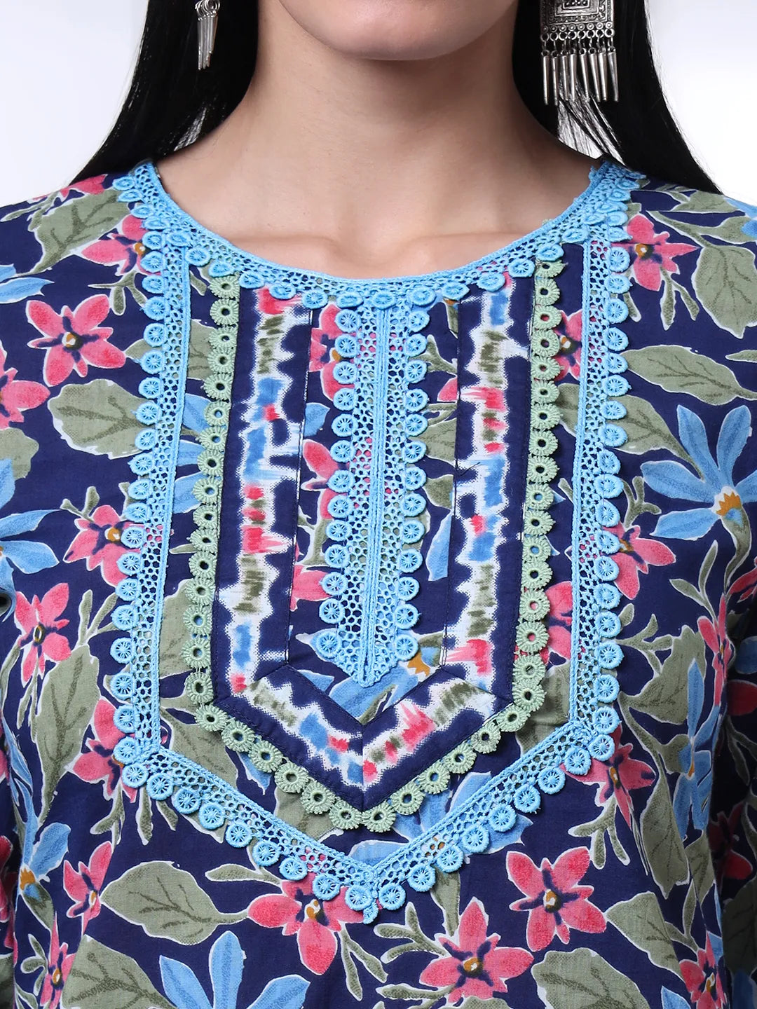 Indigo Blue Lace Work Cotton Straight Kurta Trouser Dupatta Set