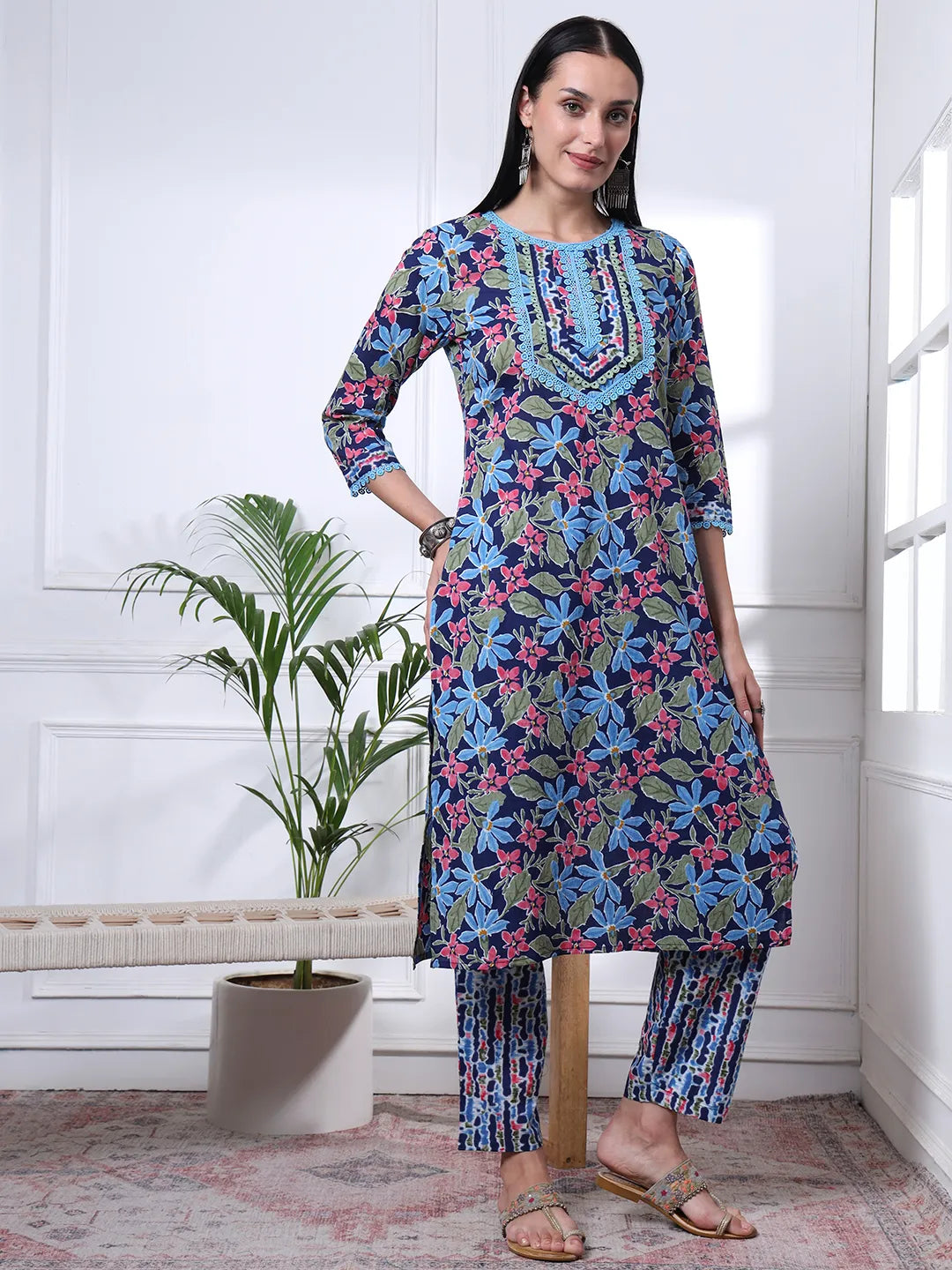 Indigo Blue Lace Work Cotton Straight Kurta Trouser Dupatta Set