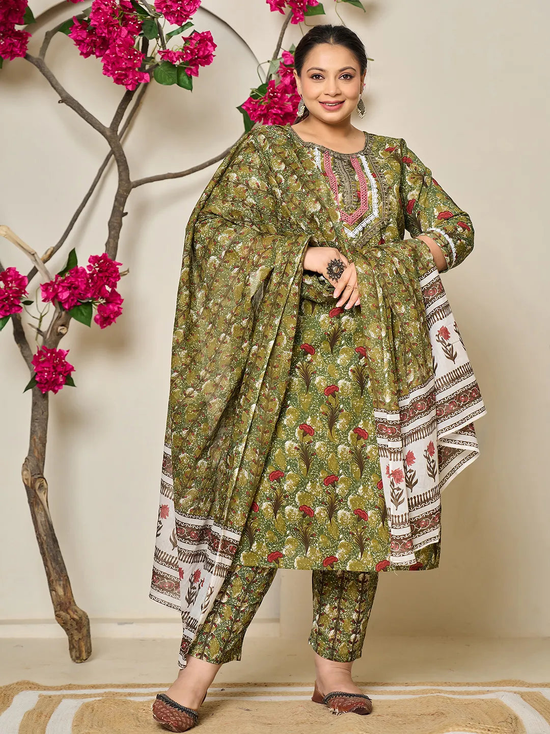 Green Cotton Lace Work On Yoke Straight Plus Size Kurta Dupatta Pant Set