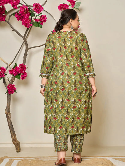 Green Cotton Lace Work On Yoke Straight Plus Size Kurta Dupatta Pant Set