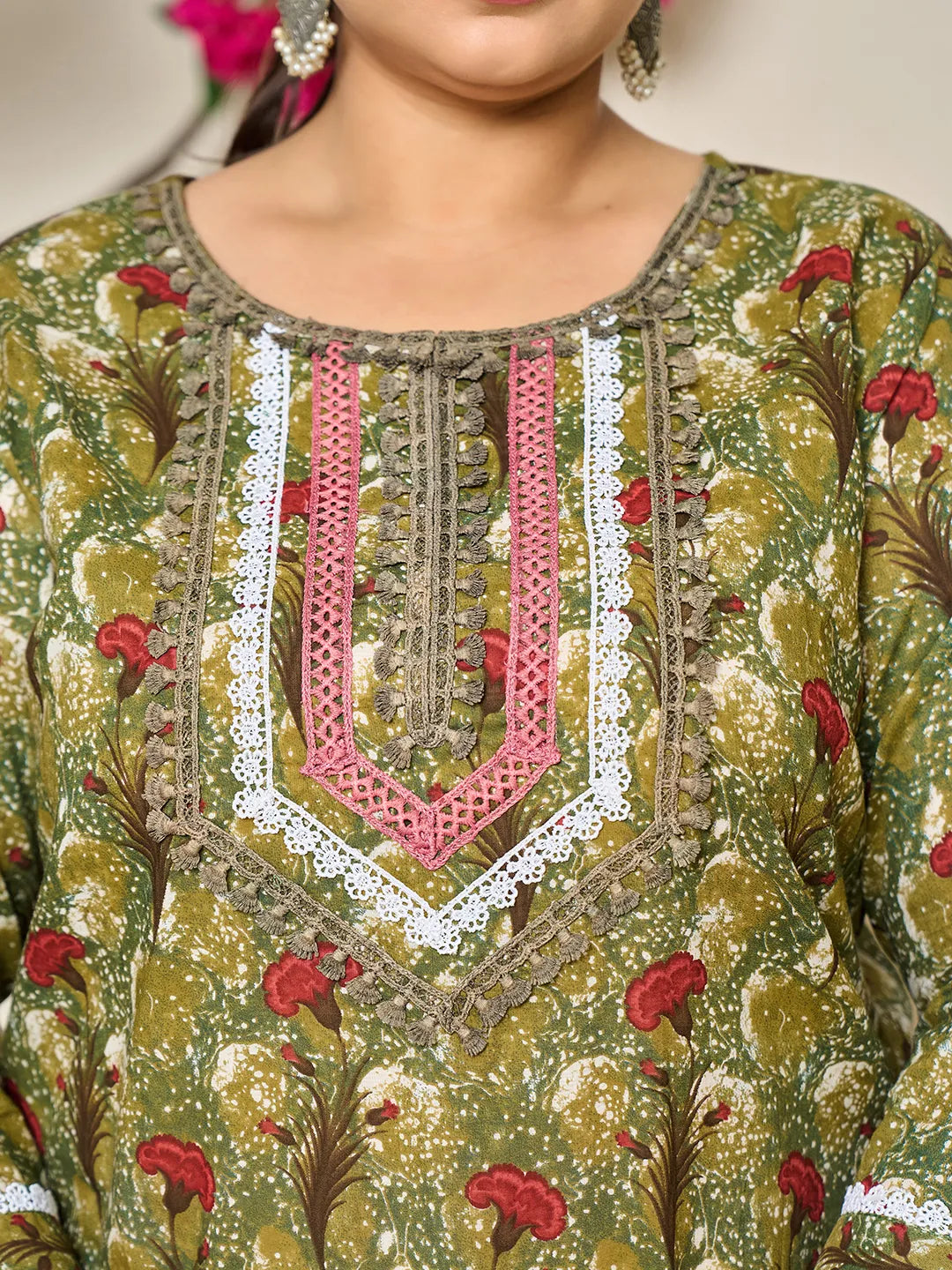 Green Cotton Lace Work On Yoke Straight Plus Size Kurta Dupatta Pant Set