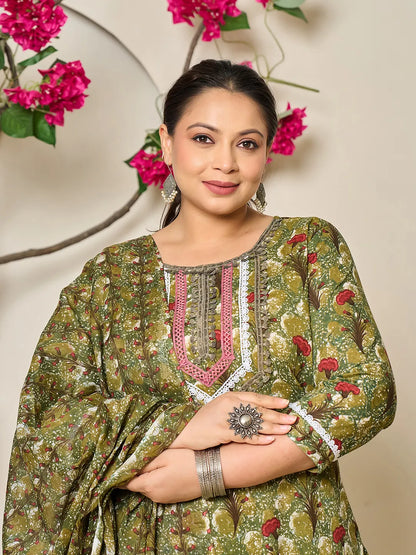 Green Cotton Lace Work On Yoke Straight Plus Size Kurta Dupatta Pant Set