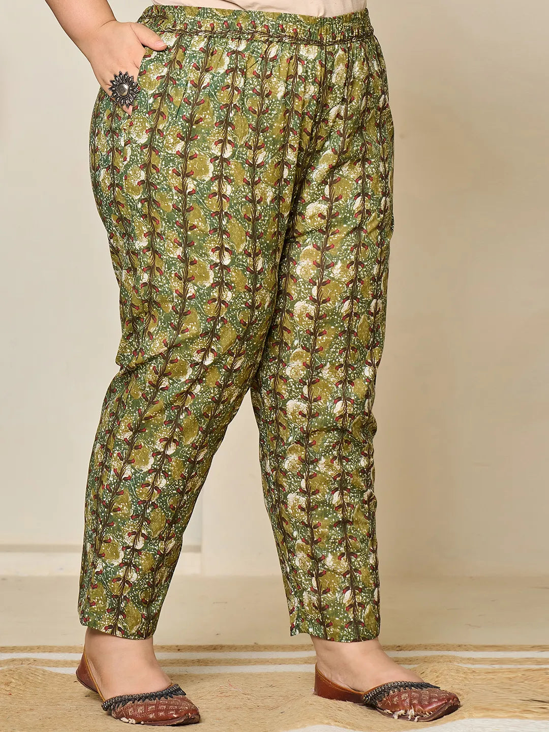 Green Cotton Lace Work On Yoke Straight Plus Size Kurta Dupatta Pant Set