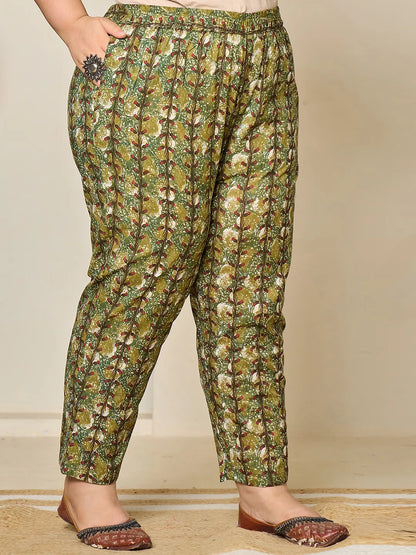 Green Cotton Lace Work On Yoke Straight Plus Size Kurta Dupatta Pant Set