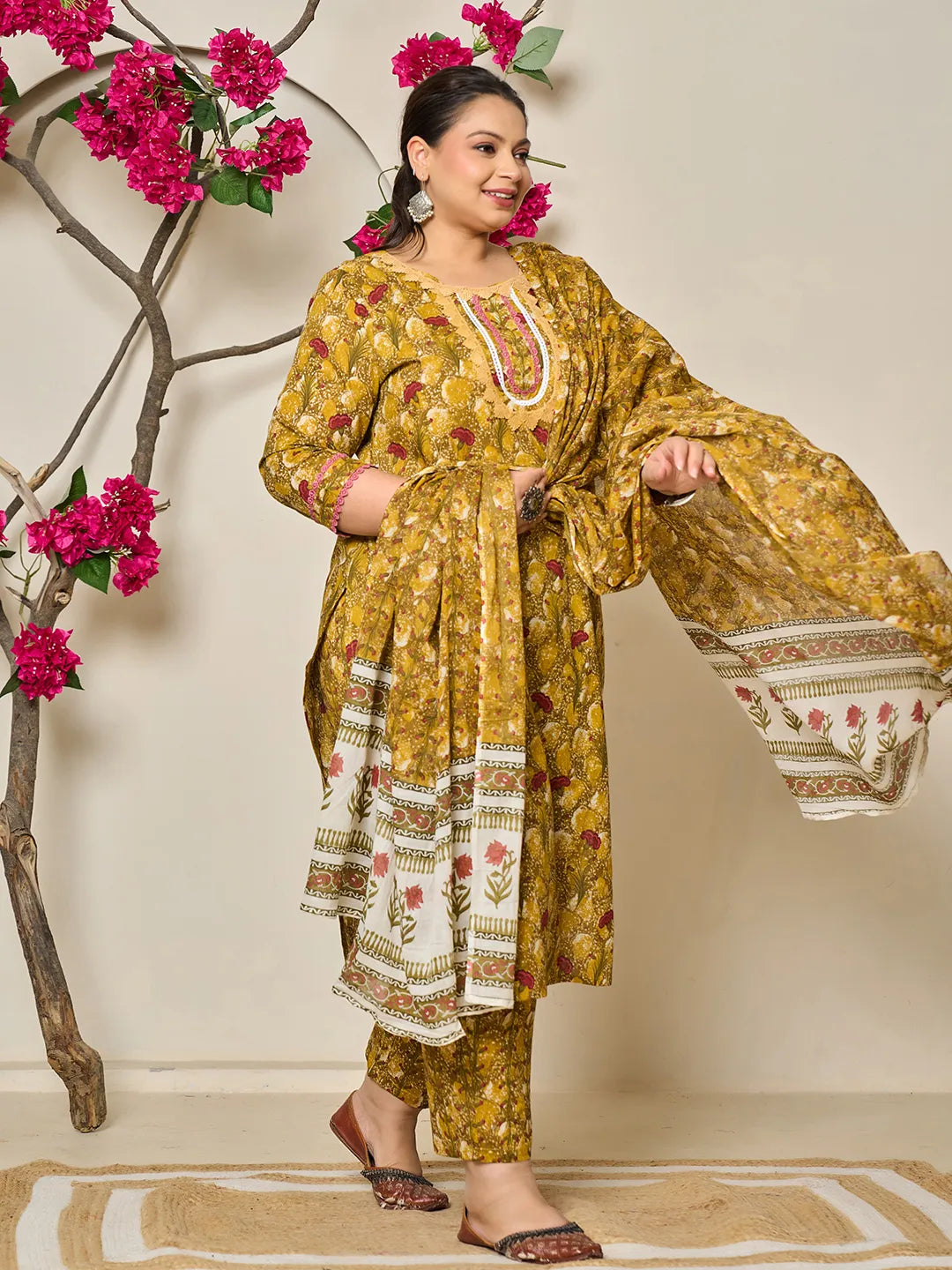 Mustard Pure Cotton Lace Work On Yoke Straight Plus Size Kurta Dupatta Pant Set