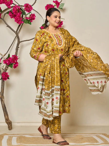 Mustard Pure Cotton Lace Work On Yoke Straight Plus Size Kurta Dupatta Pant Set