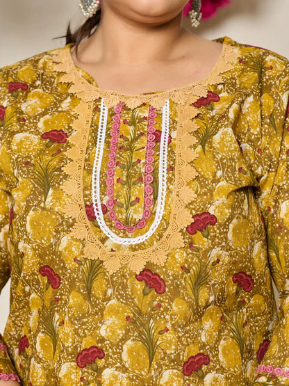 Mustard Pure Cotton Lace Work On Yoke Straight Plus Size Kurta Dupatta Pant Set
