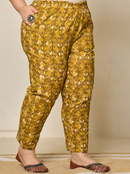 Mustard Pure Cotton Lace Work On Yoke Straight Plus Size Kurta Dupatta Pant Set