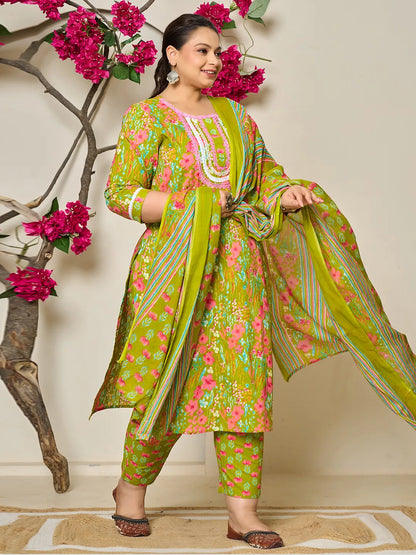 Green Floral Print Straight Plus Size Kurta Trouser Dupatta Set