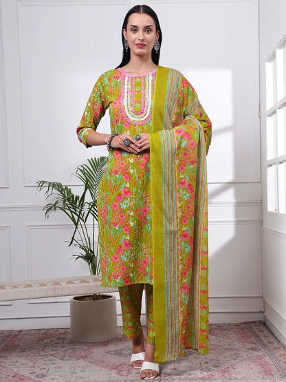 Green Floral Print Straight Kurta Trouser Dupatta Set
