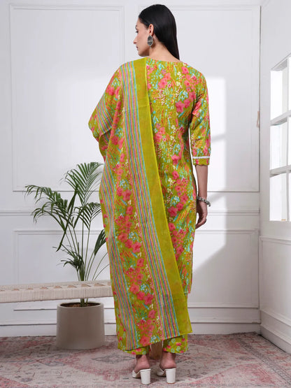 Green Floral Print Straight Kurta Trouser Dupatta Set