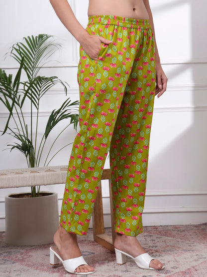 Green Floral Print Straight Kurta Trouser Dupatta Set