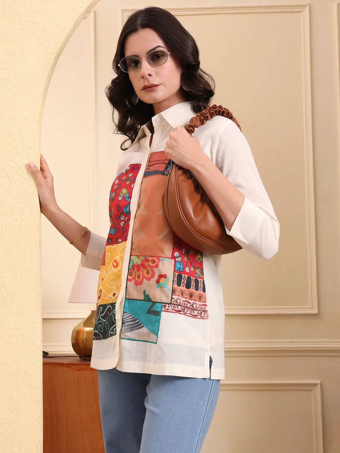 White Pure Cotton Patchwork Shirt Style Top With Lining