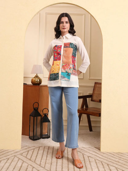 White Pure Cotton Patchwork Shirt Style Top With Lining