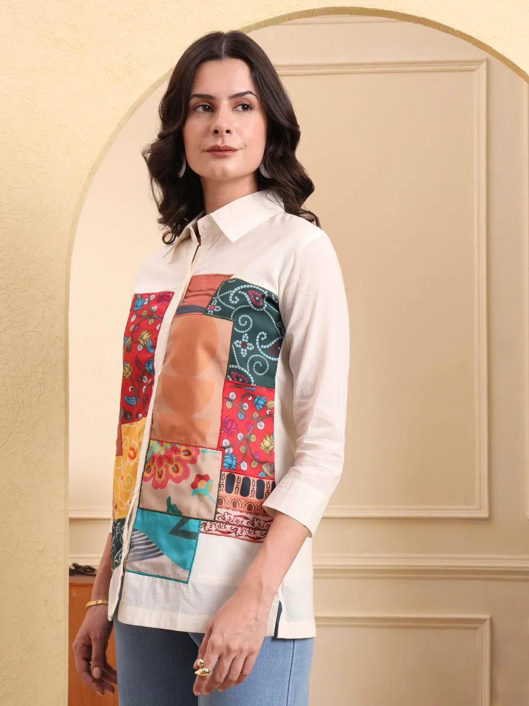 White Pure Cotton Patchwork Shirt Style Top With Lining