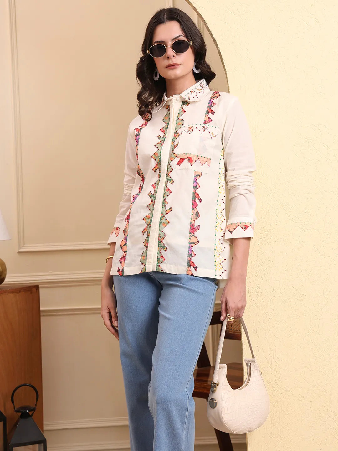 White Pure Cotton Patchwork Shirt Top