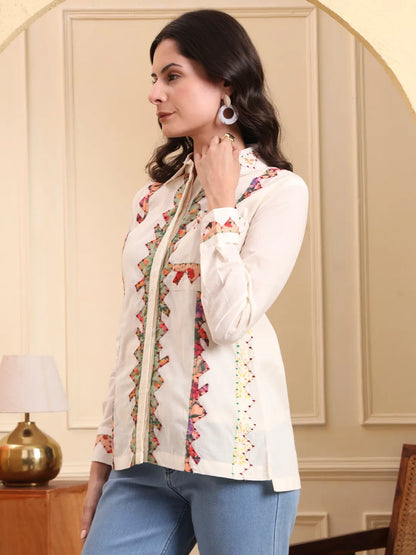 White Pure Cotton Patchwork Shirt Top